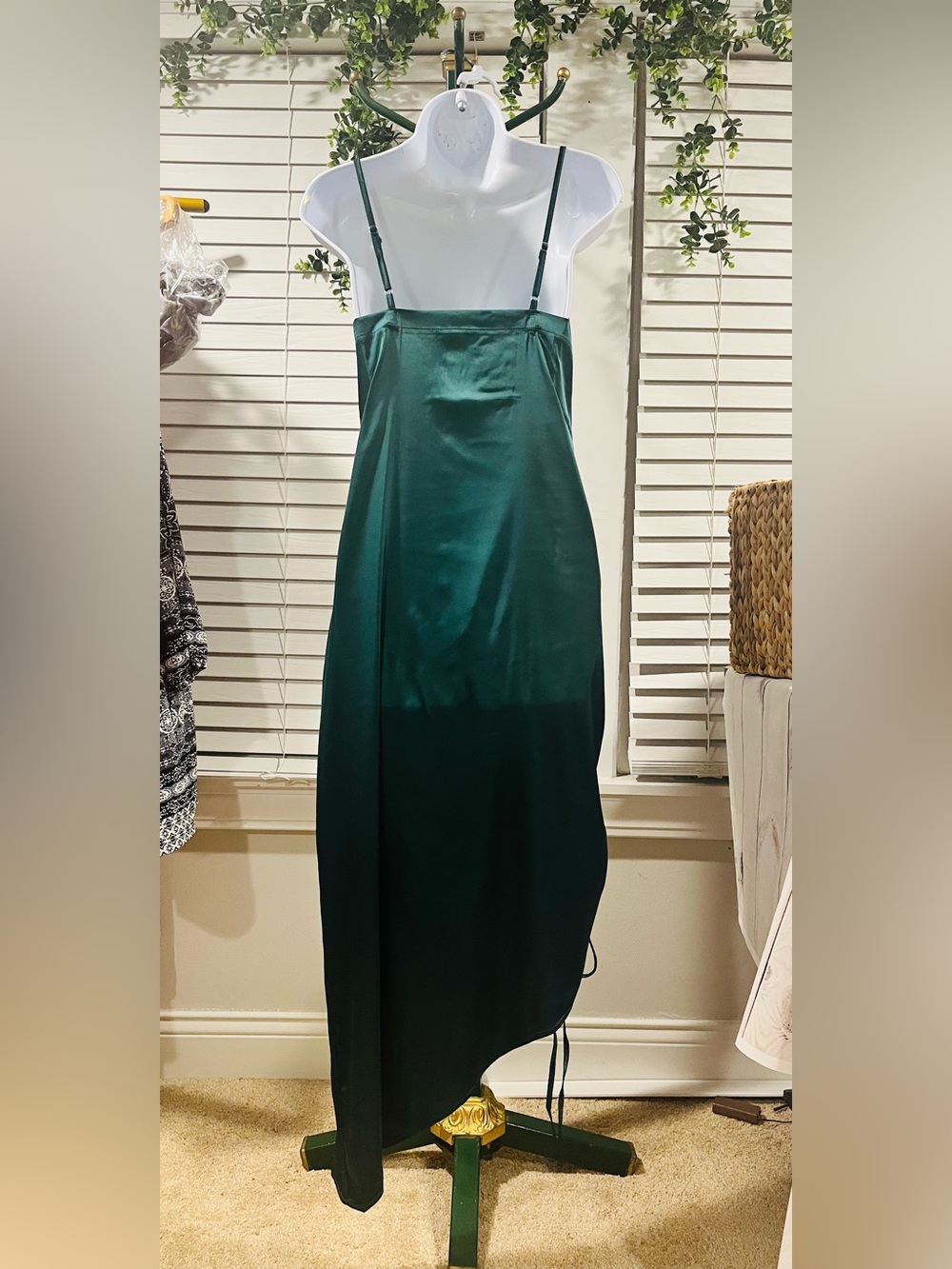Emerald Satin Slip Dress with Side Ruching Sz M - Picture 2 of 8